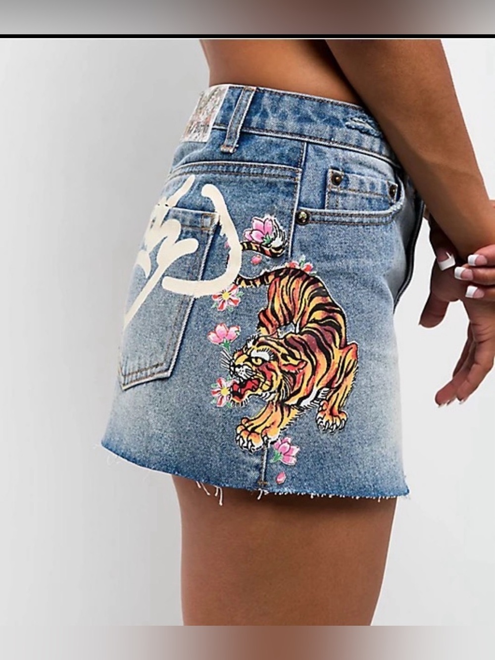 Ed Hardy Denim Mini Skirt with Tiger Embroidery in Blue